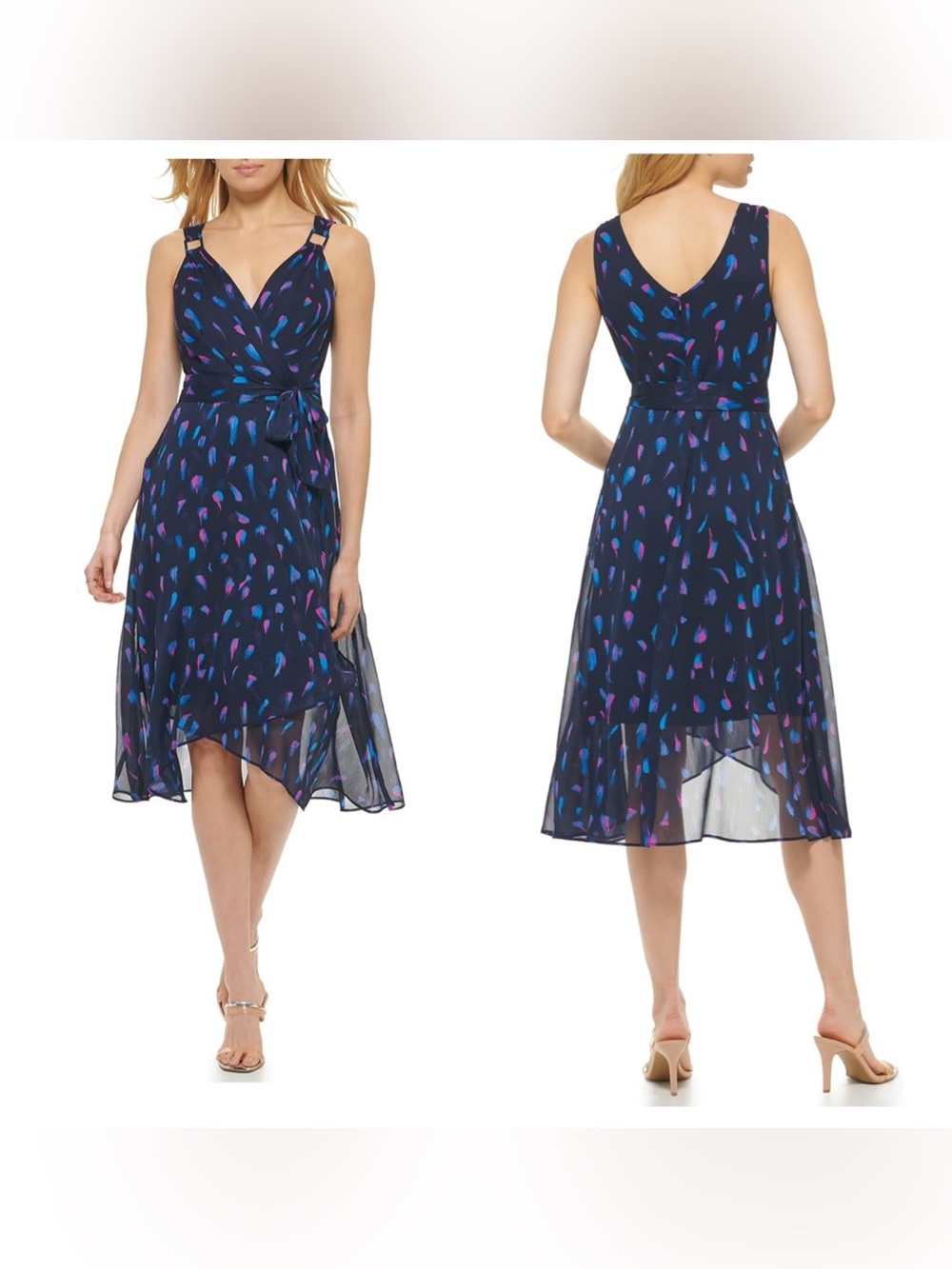 NWT DKNY faux-wrap Navy Blue Printed V-Neck Midi Dress size 8
